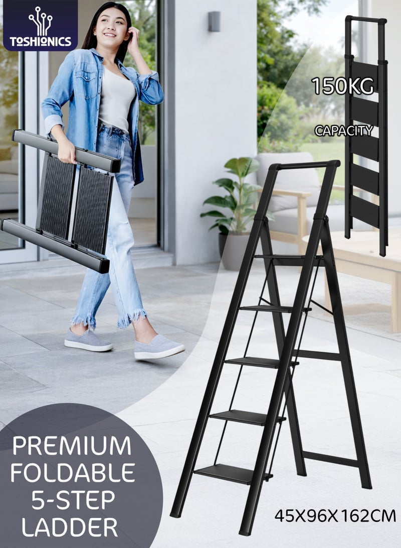 توشيونيكس سلم قابل للطي من الألومنيوم بخمس درجات مع درابزين، دواسات عريضة مانعة للانزلاق، سلم محمول خفيف الوزن، يتحمل وزنًا يصل إلى 150 كجم، مناسب للمنزل والمطبخ والمكتب والمكتبة - أسود - Image 1